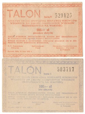 Talon for 100 and 200 zlotys, G.S. Samopomoc Chłopska, Poznań 12 February 1982, set of 2 pieces