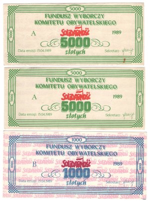 SOLIDARITY, Civic Committee Election Fund, 5,000, 1,000 zl 1989, set of 3 pieces