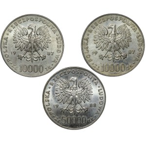 PRL, 10.000 oraz 50.0000 złotych (1987-1988), Jan Paweł II, Józef Piłsudski, zestaw 3 sztuk