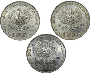 People's Republic of Poland, 10,000 and 50,0000 zloty (1987-1988), John Paul II, Józef Piłsudski, set of 3 pieces