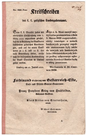 Announcement of the Lviv Bank Directorate on June 16, 1839 about the introduction of new FORMULARE banknotes