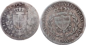 Kingdom of Sardinia, 25, 50 Centesimi 1827-1829, L, Turin