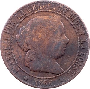 Spain, 5 Centimos de Escudo 1868, OM, Barcelona