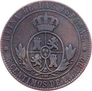 Spain, 5 Centimos de Escudo 1868, OM, Barcelona
