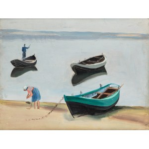 Maria Ewa Łunkiewicz-Rogoyska (1895 Kudryńce-1967 Warszawa), Łodzie / Na plaży (praca dwustronna), lata 30. XX w.