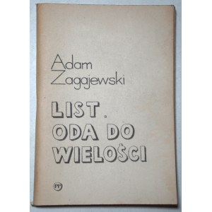 ZAGAJEWSKI ADAM Letter. Ode to Multiplicity [Krakow 1982 Poets' Shelf].