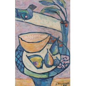 Jan Hrynkowski (1891-1971), Martwa natura z owocami, wazonem i ptakiem, 1962