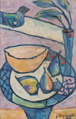 Jan Hrynkowski (1891-1971), Still life with fruit, vase and bird, 1962