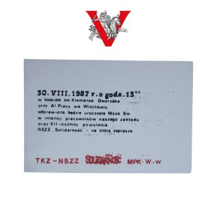 Solidarity MPK Wroclaw, Flyer Invitation to Mass 1987