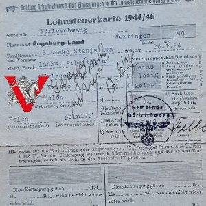Third Reich, Occupation, Stanisława Sosenka, Forced Laborer, Tax Card, 1944, Confirmed after the War by Polish Authorities