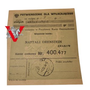 Judaika, Naftali Orenstein, Potwierdzenie wpłaty 9 zł , 1936 rok, Kraków