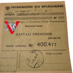 Judaica, Naftali Orenstein, Receipt for payment of PLN 9 , 1936, Cracow