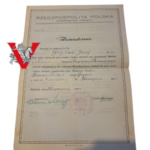 Zaświadczenie Ministerstwa Oświaty - Gryfice 1947 r. - nauczyciel / inspektor szkolny, Konin
