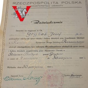 Certificate of the Ministry of Education - Gryfice 1947. - teacher/school inspector, Konin