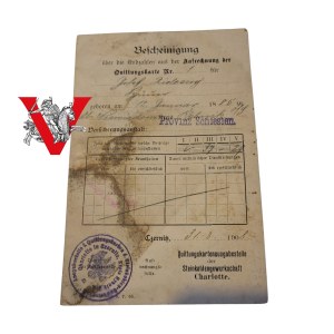 Zaświadczenie ubezpieczeniowe - kopalnia Charlotte, Czernitz (Śląsk) 1908 r.