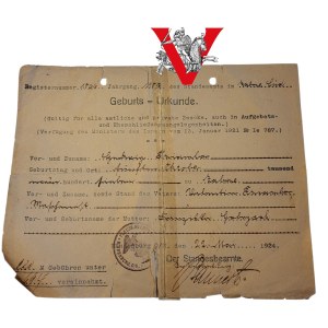 Hindenburg O/S Zabrze - akt urodzenia z 1924 r. / Geburtsurkunde / dokument urzędowy