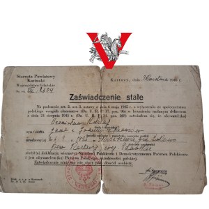 Kartuzy - Zaświadczenie stałe 1946 r. - dokument tożsamości Polaka, obywatelstwo polskie, Starosta Powiatowy Kartuski