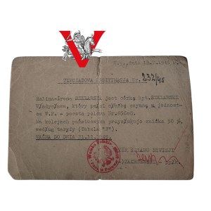 Tymczasowa Legitymacja Wojskowa 1945 - córka oficera 13 Dywizji Piechoty Wojska Polskiego, kpt. Władysława Szklarskiego