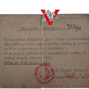 Temporary Military Legitimation 1945 - daughter of an officer of the 13th Infantry Division of the Polish Army, Capt. Wladyslaw Szklarski.