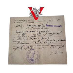 Wyciąg metrykalny ślubu - Przemyśl 1937 r., Katedra św. Jana, oryginał z pieczęcią parafialną