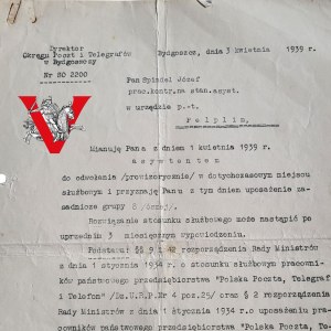 II RP - Diploma of nomination Polish Post Telegraph and Telephone - Pelplin 1939 - promotion to a higher service rank, Bydgoszcz