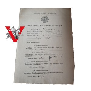 Dyplom Magistra Nauk Społeczno-Ekonomicznych - Katolicki Uniwersytet Lubelski, Lublin 1937 r. - Jadwiga Szaranowska