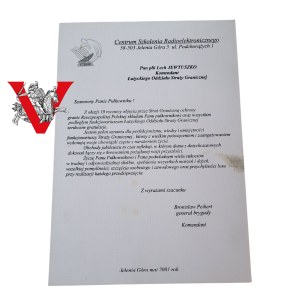 Diploma - Brig. Gen. Bronislaw Peikert CSR to Col. Lech Jewtuszko, Border Guard, Jelenia Gora 2001