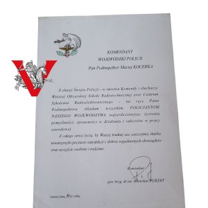 Dyplom Komendant Wojewódzki Policji Maciej Kocerski, gen. bryg. Bronisław Peikert, CSR Jelenia Góra 1996