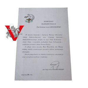 Diploma for the Chief of Police in Jelenia Gora - Leon Grzonkowski, signature of Brig. Gen. Bronislaw Peikert, 1996