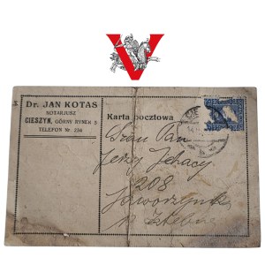 Postcard - Cieszyn 1930, Dr. Jan Kotas Notary, to Jaworzynka