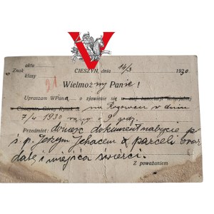 Postcard - Cieszyn 1930, Dr. Jan Kotas Notary, to Jaworzynka