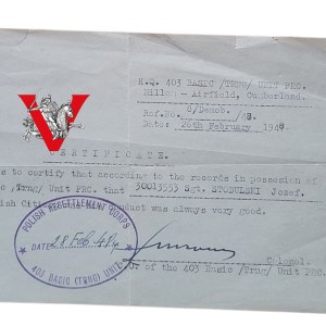 Certyfikat PSZ, Polskie Siły Zbrojne - sierżant Józef Stodulski, 403 Basic Training Unit, 1948