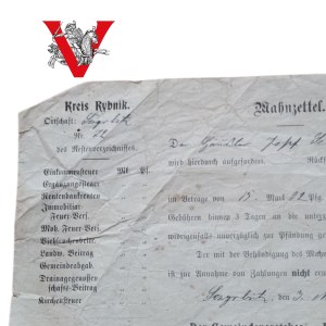 Tax summons Kreis Rybnik - Golkowice (Gaschütz) 1918