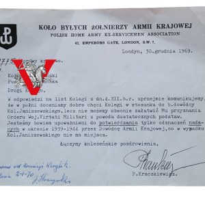 Virtuti Militari - Letter from the Circle of Former Soldiers of the Home Army - signature of Warsaw insurgent P. Kraczkiewicz from the Home Army Headquarters, 1969