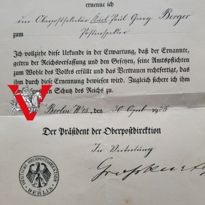 Germany Reich, Diploma of Appointment as Postal Clerk