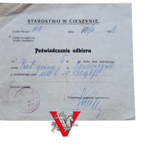 Cieszyn, Starostwo Powiatowe , Gmina Jaworzynka, Świadectwo odbioru 5 zł 1928