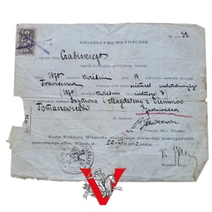 Vilnius, Metric Certificate of Franciszek Grabowski - 1922.