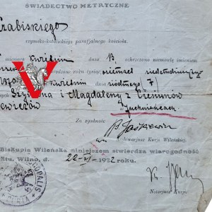 Vilnius, Metric Certificate of Franciszek Grabowski - 1922.
