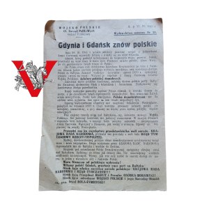 Gdynia and Gdansk Polish again - original proclamation propaganda leaflet of the Polish Army, 27 III 1945, Pomerania, Gen. Rola-Zymierski