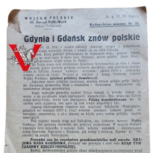 Gdynia and Gdansk Polish again - original proclamation propaganda leaflet of the Polish Army, 27 III 1945, Pomerania, Gen. Rola-Zymierski