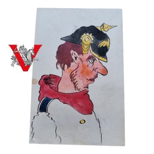 Prussian Soldier in Pikelhaub, Hand Painted Card, Satirical Caricature