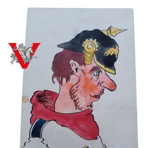 Prussian Soldier in Pikelhaub, Hand Painted Card, Satirical Caricature