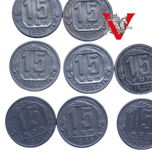 USSR, Russia, 8 x 15 Kopiejek 1939-1953, nice condition