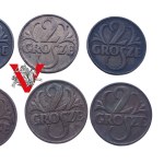 II RP, zestaw 2 grosze 6 monet od 1925 do 1939, Bardzo ładne stany