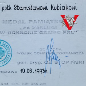 Award Medal In Protection of the Borders of the People's Republic of Poland, WOP, Colonel Stanislaw Kubiak, signed by General Stopinski