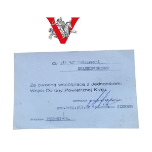 Acknowledgment Award , For the Załugi for WOPK, signed by Pilot General Apolenevich Chernov