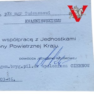 Acknowledgment Award , For the Załugi for WOPK, signed by Pilot General Apolenevich Chernov