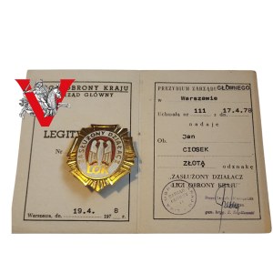 Gold Badge of a Distinguished Activist of LOK, Legitimation, Captain Jan Ciosek, Signed by General Szydlowski