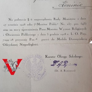 II RP , Konin, Diploma of Awarding the Medal of the 10th Anniversary of Independence , 1928