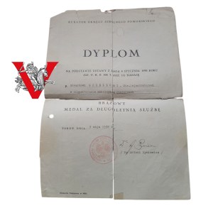 II RP, Diploma of bestowal, Bronze Medal for long service, Torun Chojnice